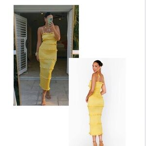 Show Me Your MuMu Stella Smocked Midi Dress in Yellow Luxe Satin